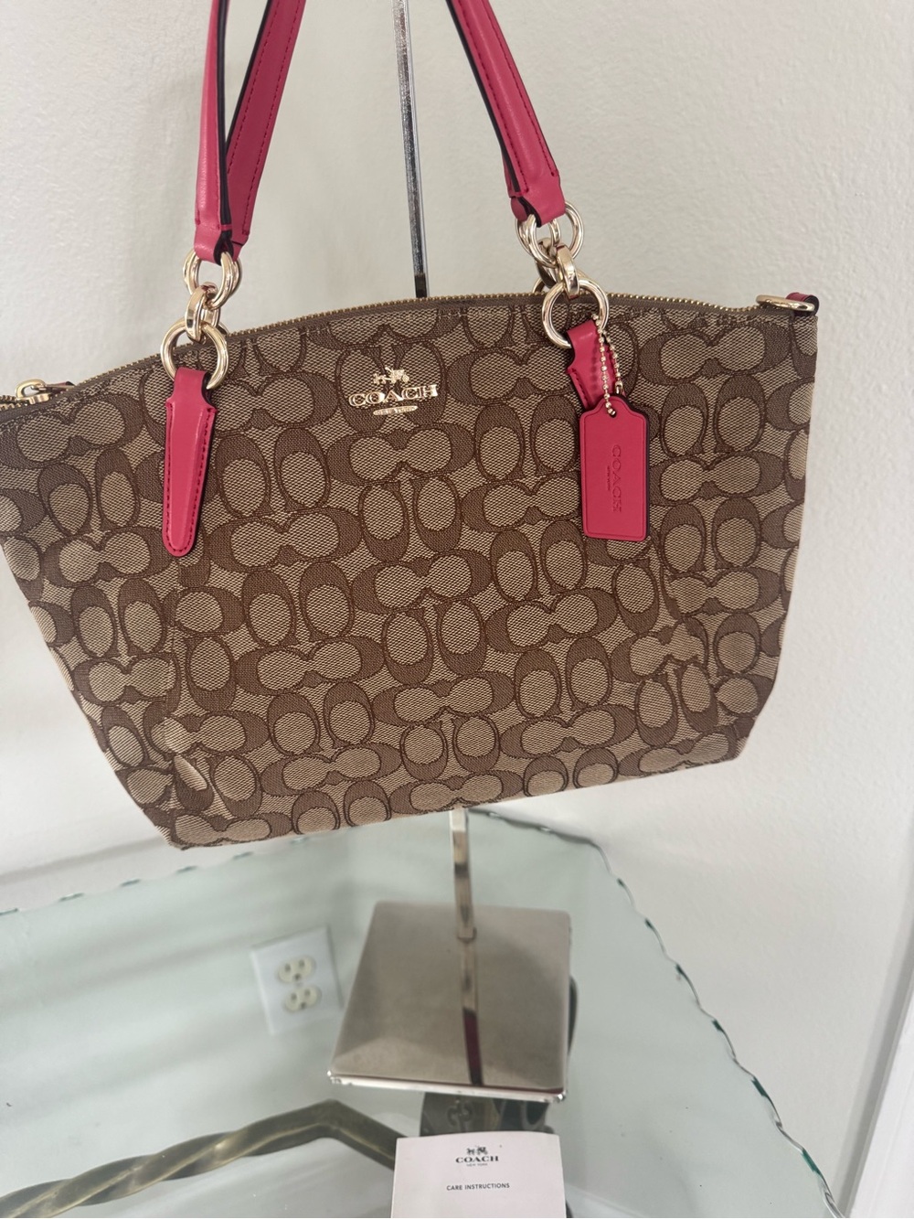 Coach Brown Signature Canvas Shoulder Bag with Pink Trim